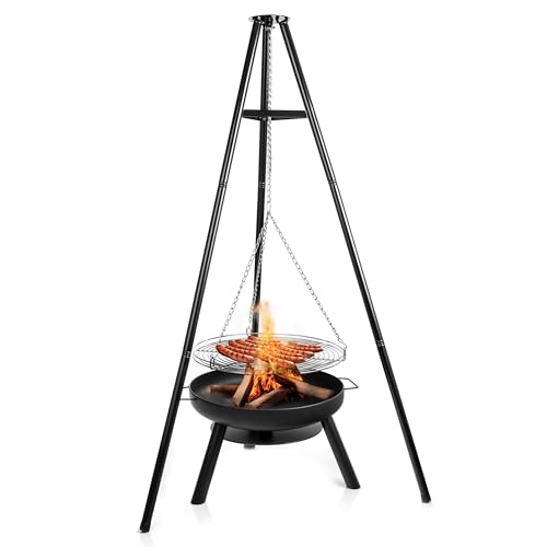 LEHMANN Feuerschale mit Grillrost Ø 60 cm - großes Dreibein für Feuerschale mit Schwenkgrill - Holzkohlegrill mit Feuerschale - Tragbarer Multifunktionaler Grill - 12 kg von LEHMANN