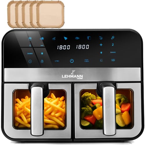 LEHMANN Heißluftfritteuse 2 Kammern mit Sichtfenster, 9L, 2400 W, AirFryer XXL mit 12 Programmen, bis 200°C, WiFi, Fritteuse ohne Öl mit Air Fry Technologie – Grillen, Backen, Gären, Dehydriere von LEHMANN