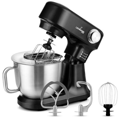 LEHMANN Küchenmaschine - Knetmaschine mit Zubehör-Set - 3 Rühreinsätze und Spritzschutz - 5L Rührschüssel - 12 Geschwindigkeiten - Überhitzungsschutz - rutschfest - Schwarz von LEHMANN