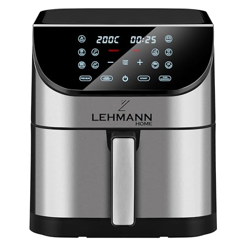 Lehmann Friteuse Heissluft XXL 1800 W, Heißluftfritteuse 8L mit bis zu 10 Programmen, Air Fryer mit Digitalem LED-Touchscreen, Temperaturregelung 76-200°C, Timer, gesunde Lebensmittel ohne Öl, von LEHMANN