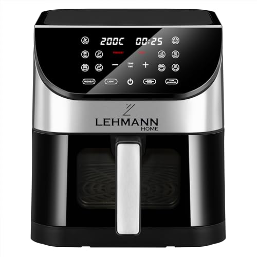 Lehmann Heißluftfritteuse 6L mit 10 Kochprogrammen, Friteuse Heissluft 1500 W und Temperaturkontrolle 76-200°C, Air Fryer mit Timer und digitalem LED-Touchscreen, ölfreies Braten von LEHMANN