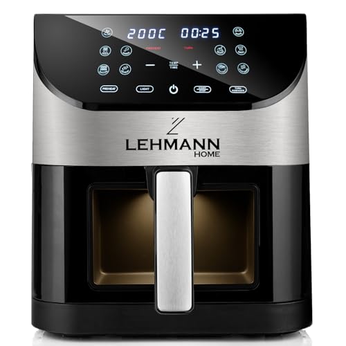 LEHMANN Heißluftfritteuse 6L mit Sichtfenster, 1500 W, Air Fryer mit 12 Programmen, Temperaturkontrolle 76-200°C, Timer, LED-Touchdisplay, Fritteuse ohne Fett für Grillen, Backen und Frittieren von LEHMANN