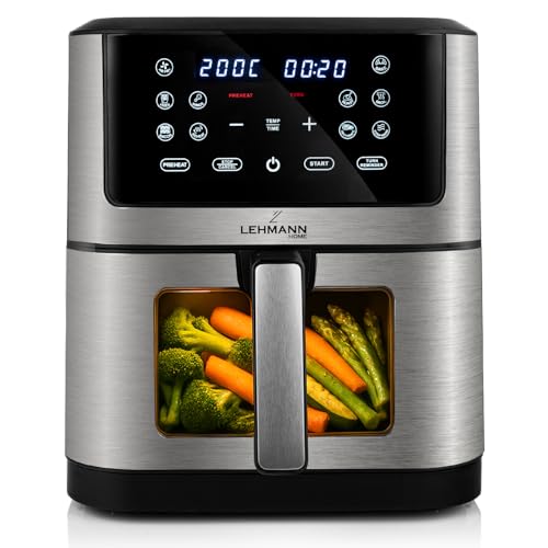 LEHMANN Heißluftfritteuse 8L, 1800 W, Air Fryer mit Sichtfenster, Temperaturregelung bis zu 200°C, 12 Programmen, Timer, Antihaftbeschichtet, Grillen, Backen und Frittieren mit Air Fry Technologie von LEHMANN