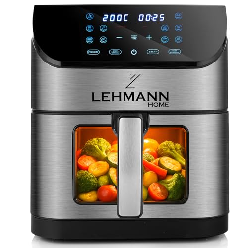 Lehmann Heißluftfritteuse XXL mit 8L Korb und Sichtfenster, Friteuse ohne Öl mit Beleuchtung, 1800W, Temperaturkontrolle bis zu 200° C, Airfryer mit bis zu 10 Programmen, Timer und Touch-Display von LEHMANN