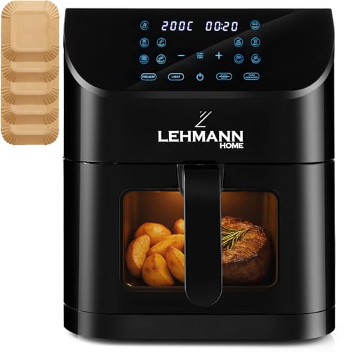 LEHMANN Heißluftfritteuse 8L mit Sichtfenster, Airfryer mit 12 Programmen, max 200°C, Trenneinsatz für Speisen, Antihaftbeschichtet, Spülmaschinenfester, Grillen, Backen und Frittieren ohne Fett von LEHMANN