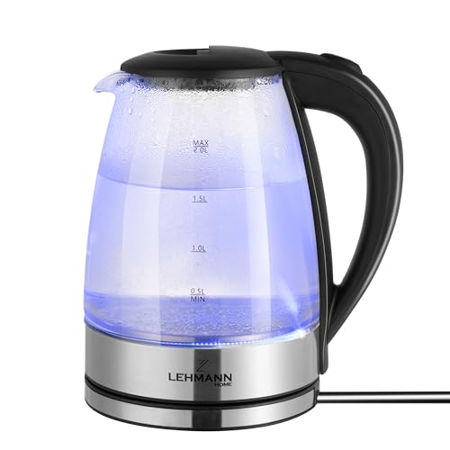 Lehmann LHOEK-2220 Glas Wasserkocher 2 Liter, 2200W, elektrischer Wasserkocher aus Glas mit LED-Hintergrundbeleuchtung, Abschaltautomatik und Überhitzungsschutz, drehbarer Sockel, BPA-frei von LEHMANN