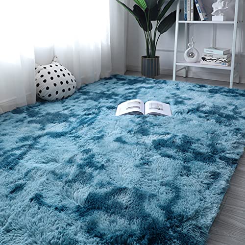 LEIBING Hochflor Teppich 100x200cm Einfach zu Säubern Flauschige Flachflor Teppiche Plüsch Teppich für Wohnzimmer Kinderzimmer Schlafzimmer Sofa Matte, Blau von LEIBING