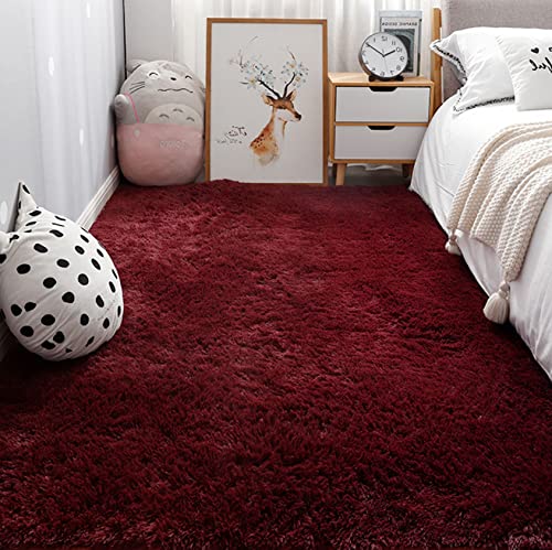 LEIBING Kurzflor Teppich 100x180cm Einfarbig Teppiche Dicker Teppich Anti-Rutsch-Flauschiger für Wohnzimmer, Schlafzimmer, Kinderzimmer, Heimdekoration, Dunkelrot von LEIBING