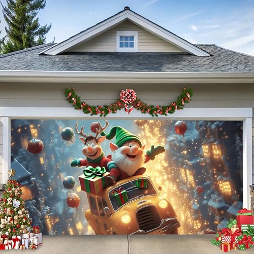 16*7ft/4.8*2.1m,Weihnachts-Garagentor-Banner – Fliegender Elf und Rentier im festlichen Taxi mit Geschenken – UV-reaktives Gelb-Leuchten – Großes Outdoor-Wandbild für Veranda und Wohnzimmer 16*7ft/4.8*2.1m,Weihnachts-Garagentor-Banner – Fliegender Elf und Rentier im festlichen Taxi mit Geschenken – UV-reaktives Gelb-Leuchten – Großes Outdoor-Wandbild für Veranda und Wohnzimmer von LEIDIMUS