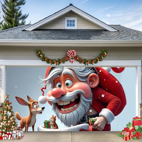 A,16 * 7ft/4.8 * 2.1m,Weihnachtliches Garagentor-Banner – Lustiger Cartoon-Weihnachtsmann mit Süßen Tieren und Schneeflocken – Große Außendekoration für Garage oder Gartenwand A,16 * 7ft/4.8 * 2.1m,Weihnachtliches Garagentor-Banner – Lustiger Cartoon-Weihnachtsmann mit Süßen Tieren und Schneeflocken – Große Außendekoration für Garage oder Gartenwand von LEIDIMUS