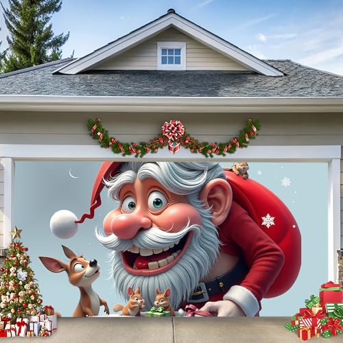 B,8 * 7ft/2.4 * 2.1m,Weihnachtliches Garagentor-Banner – Lustiger Cartoon-Weihnachtsmann mit Süßen Tieren und Schneeflocken – Große Außendekoration für Garage oder Gartenwand B,8 * 7ft/2.4 * 2.1m,Weihnachtliches Garagentor-Banner – Lustiger Cartoon-Weihnachtsmann mit Süßen Tieren und Schneeflocken – Große Außendekoration für Garage oder Gartenwand von LEIDIMUS