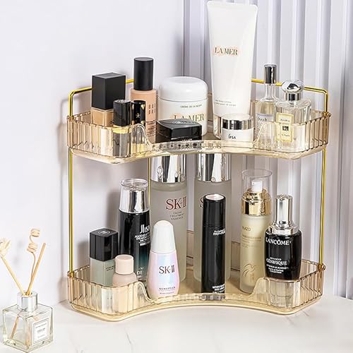 LEIKOSUP Makeup Organizer, Kosmetik Organizer 2 Ebenen, Skincare Organizer, Arbeitsplatte Vanity Organizer, Eck-Badezimmertisch Organizer für Hautpflegemittel, Nagellack, Bernstein von LEIKOSUP