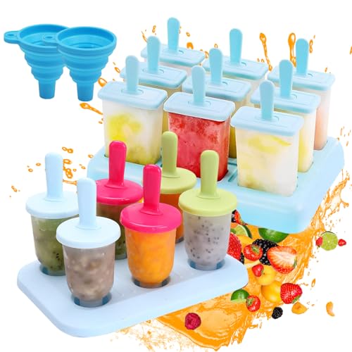 LEIMEND 15 Stück Eisformen Eis Am Stiel Wiederverwendbare Eisformen Eis Am Stiel Formen mit Kunststoffstäben Zylindrische und Quadratische Eisform mit Blauem Silikon Falttrichter von LEIMEND