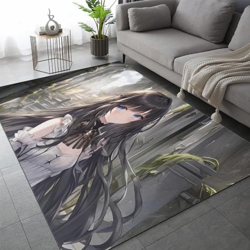 LEINEN Teppich Schlafzimmer Anime Frau Kinderteppich Dekoration Carpets Japanische Comics Teenager Kurzflor Flanell Teppiche rutschfeste Spielteppiche für Schlafzimmer Wohnzimmer 120x160 cm von LEINEN