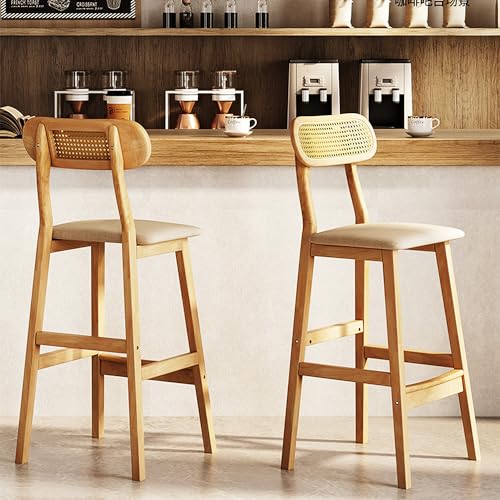 Barhocker 2er Set, Thekenhöhe Barhocker mit Rattan Rückenlehne Barstühle Massivholz Barhocker für Kücheninseln Bars Essbereich von LEIYANJUN