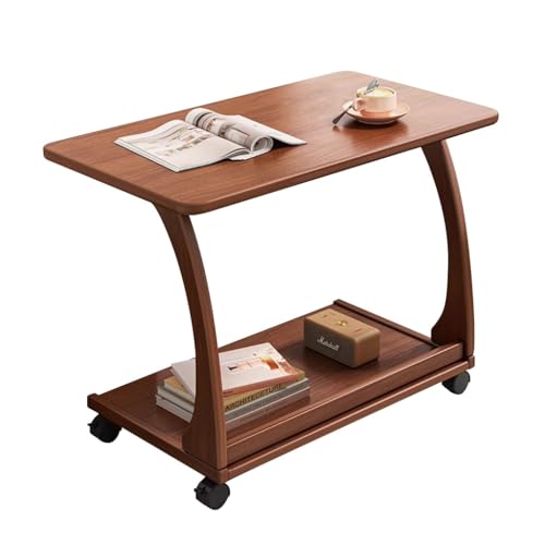 LEIYTFE 80 * 40 * 65cm Hölzerner Beistelltisch C-förmiger Sofatisch Mit Rollenden Rädern,Nachttisch Movable Tea Table,Laptop-Tisch 2 Etagen Ablagefächer(Walnut) von LEIYTFE
