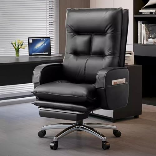 LEIYTFE Massage Bürostuhl Ergonomisch Weiß Chefsessel Mit Fußstütze Computer-Schreibtischstuhl Mit 7-Punkt-Massage, Leder-Drehstuhl Mit Hoher Rückenlehne,Arbeitsstühle Mit Rädern (Color : Black) von LEIYTFE