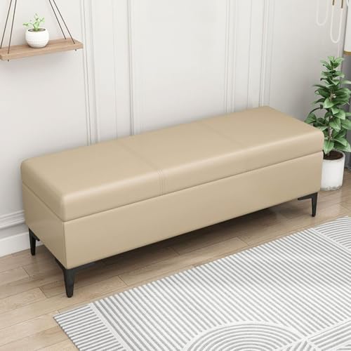 LEIYTFE Ottomane-Aufbewahrungsbank für das Fußende des Bettes, Gesteppte Ottomane mit klappbarem Deckel Aufbewahrungskiste, Fußstütze aus Kunstleder(Beige-Yellow,120cm) von LEIYTFE