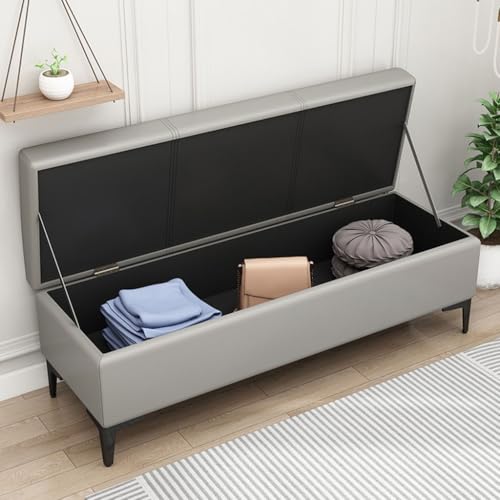 LEIYTFE Ottomane-Aufbewahrungsbank für das Fußende des Bettes, Gesteppte Ottomane mit klappbarem Deckel Aufbewahrungskiste, Fußstütze aus Kunstleder(Light Grey,80cm) von LEIYTFE