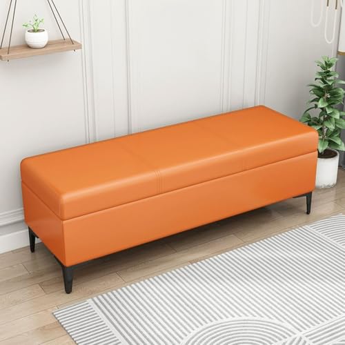 LEIYTFE Ottomane-Aufbewahrungsbank für das Fußende des Bettes, Gesteppte Ottomane mit klappbarem Deckel Aufbewahrungskiste, Fußstütze aus Kunstleder(Orange,110cm) von LEIYTFE