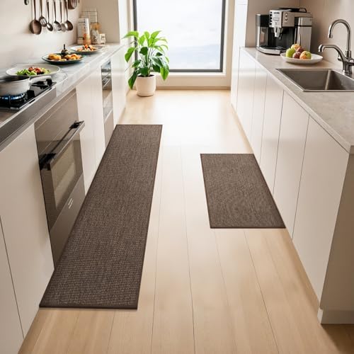LEKEEPGO Küchenteppich Waschbar rutschfest 43x75cm+43x150cm, 2 Stück Küchenläufer rutschfest, Küchen Teppiche, Waschbarer Teppich Läufer Flur, Saugfähig Teppichläufer für Küche,Flur,Waschküche,Braun von LEKEEPGO