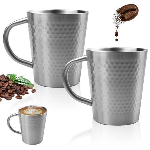 2 Stück Edelstahlbecher mit Griff: Doppelwandige Isoliert Camping Becher, Hammermuster Edelstahl Becher, Stapelbar Metallbecher, Bruchsicher Outdoor Trinkbecher für Zuhause, Geburtstage, Picknick von LEKEFETO