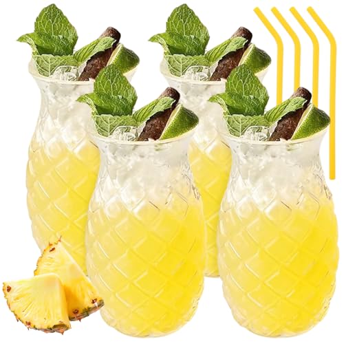 4 Stücke 480ml Cocktail Gläser: Ananas Gläser Cocktailglas mit 4 Trinkhalm, Transparente Cocktailgläser Set Bar GläSer mit Ananas-Relief, Party Weinsaft CocktailgläSer für Familie Camping Bar von LEKEFETO