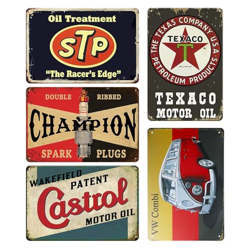 5er Set Retro Garage Deko Blechschilder: 20x30cm Blechschilder Retro, Garage Metallschilder Blechschild, Auto Poster Motoröl Metall Schilder für Werkstatt Raumdekoration Bar Deko(2) von LEKEFETO