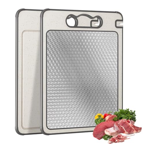 Doppelseitig Titan Schneidebrett: 304 Schneidebrett Edelstahl,Hängende Doppelseitig Schneidebretter Kratzfestes Netzdesign, Cutting Board zum Getrennte Handhabung von Fleisch und Gemüse von LEKEFETO