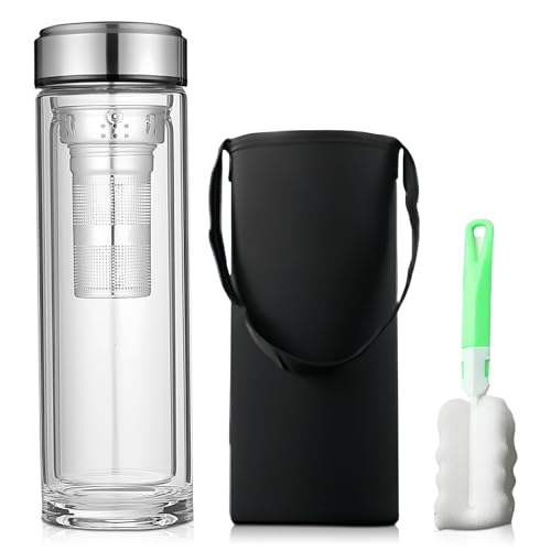 LEKEFETO 1 Liter Teeflasche mit Sieb to go Trinkflasche Glas Glasflasche 1 Liter mit Tassenreinigungsbürste, Teeflasche Doppelwandige Gläser für Dufttee Früchtetee (mit Körbchenhülse) von LEKEFETO