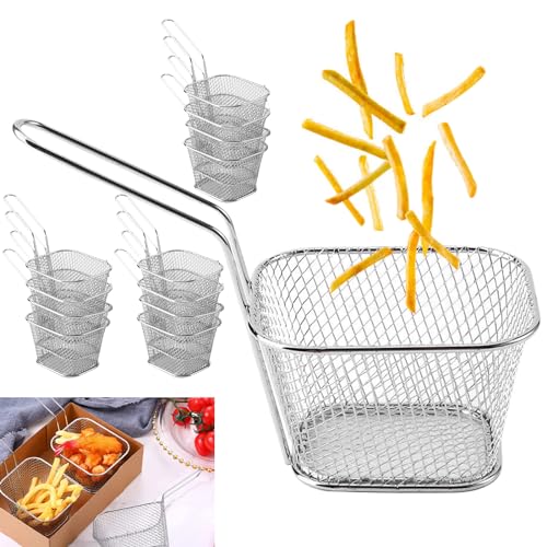 LEKEFETO 12 Stück Frittierkorb, Pommes Körbchen, Edelstahl Pommes Schalen, Körbchen Pommeskörbchen, Quadrat Friteusenkorb mit Griff, Frittierkörbchen zum Servieren für Pommes Frites Zwiebelringen von LEKEFETO