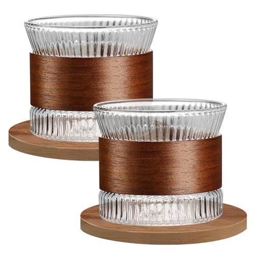 LEKEFETO Espressotassen Set Glas, 2 Stück 170 ml Espresso Gläser mit Holzuntersetzern, Japanische Teetasse aus Glas, Latte Macchiato Gläser, für Tee, Espresso Tassen - Transparent von LEKEFETO