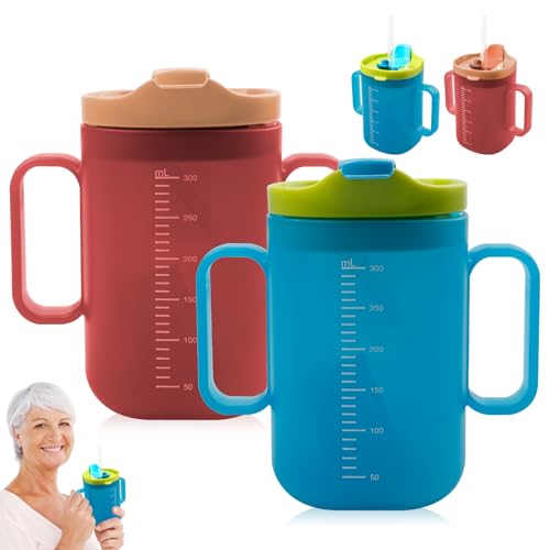 Schnabeltasse Senioren, 2 Stück 300 ml Auslaufsichere Becher für ältere Menschen, Trinkbecher Mit Deckel Und Strohhalm Senioren, Schnabelbecher Senioren mit Griffen für Patienten, ältere, Behinderte von LEKEFETO