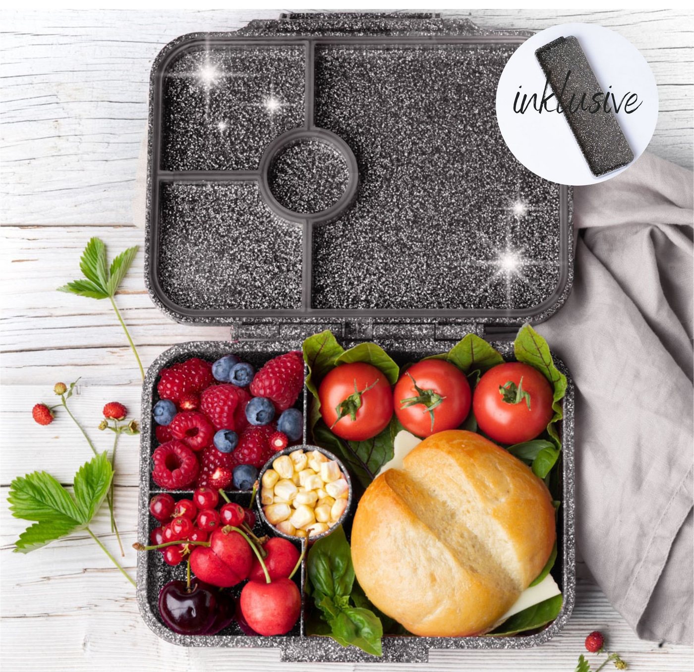 LEKKABOX Lunchbox Glitzer Brotdose, 4 Fächer - Kinder Brotzeit Box Vesperdose Brotbox von LEKKABOX