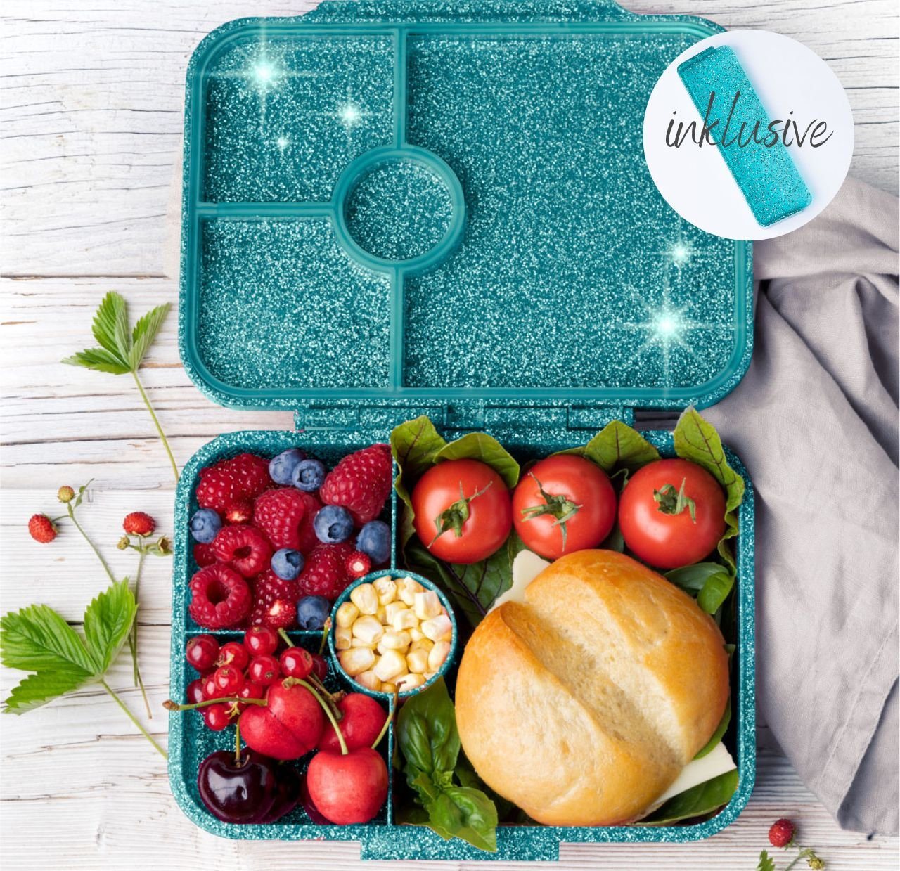 LEKKABOX Lunchbox Glitzer Brotdose, 4 Fächer - Kinder Brotzeit Box Vesperdose Brotbox von LEKKABOX