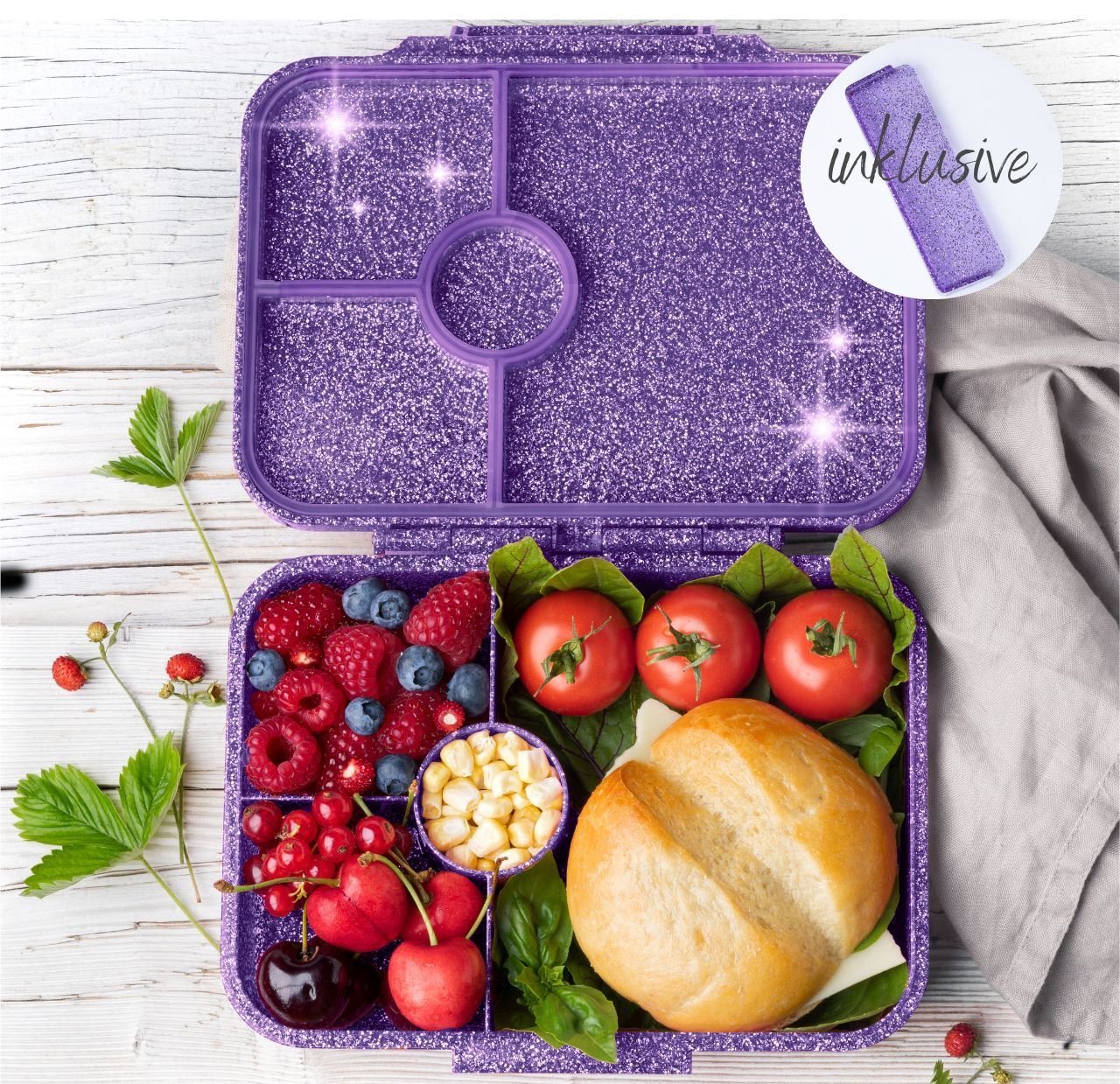 LEKKABOX Lunchbox Glitzer Brotdose, 4 Fächer - Kinder Brotzeit Box Vesperdose Brotbox von LEKKABOX