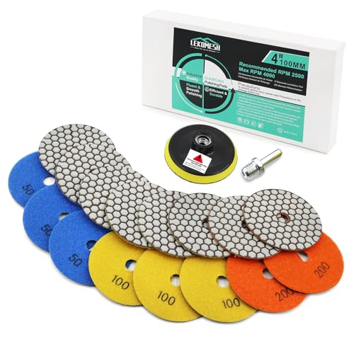 Diamant Polierscheibe LEKOMESH - 8pcs 100MM (#50 * 3/100 * 3/200 * 2) mit Haken & Loop Backing Halter Disc,Trockenpolierpad-Set für Granit, Marmor, Kunststein, Quarz von LEKOMESH