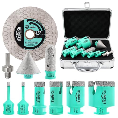 LEKOMESH Diamantbohrer Fliesenbohrer Set - 10stück(6/6/20/25/35/50mm+20mm Fingerbohrer+50mm Fasenbohrer+Dreikant-Schaftadapter+Diamant Trennscheibe 115mm) Bohrkronen Set für Porzellan Keramik,M14 von LEKOMESH