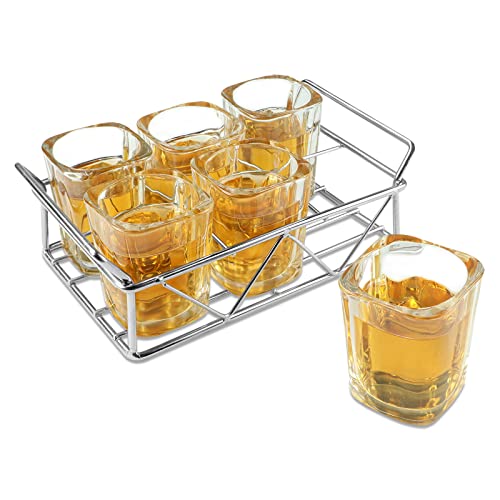 LELE LIFE 6 Schnapsgläser mit Edelstahl-Schnapsglashalter, 60 ml, quadratisch, lustiges Schnapsglas-Set, Tequila-Gläser, coole Tequila-Geschenke für Männer, einfach zu tragen, ohne zu verschütten von LELE LIFE