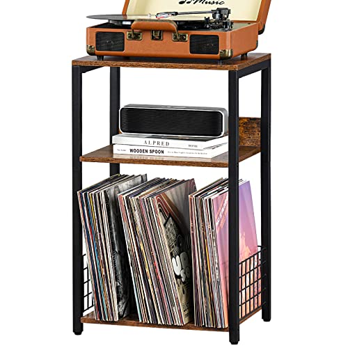 LELELINKY 3-Tier-Endtisch, Plattenspieler-Stand mit Lagerung bis zu 100 Alben, Plattenspieler-Stand für Vinyl, Brown Records Regal für Wohnzimmer Schlafzimmer von LELELINKY