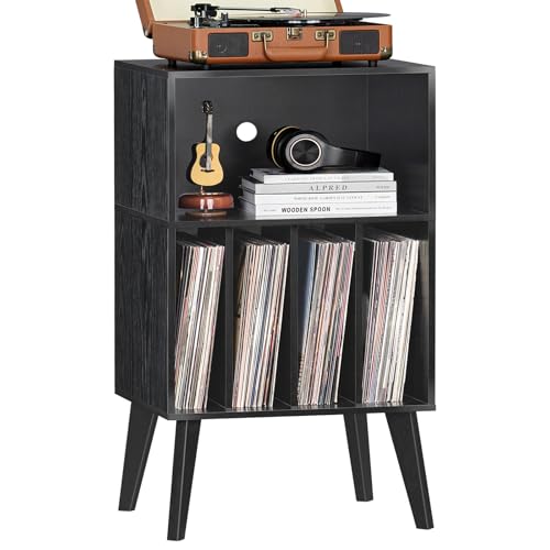 Plattenspieler-Ständer, Plattenspieler-Ständer bietet Platz für bis zu 160 Alben, Mid-Century Vinyl-Aufbewahrungshalter Tisch mit Holzbeinen, Plattenspieler-Schrank-Regal ,Schwarz, Beistelltisch von LELELINKY
