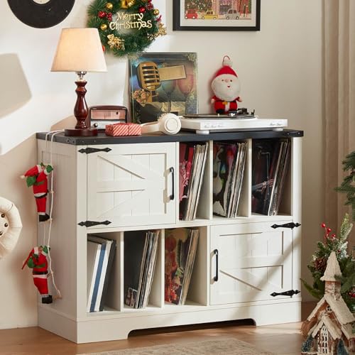 LELELINKY Großer Plattenspieler-Ständer, 1m Vinyl-Lagerorganisator mit Scheunentüren, Landhausstil Holz-Vinyl-Schrank, Mid-Century Turntable-Ständer für Wohnzimmer von LELELINKY