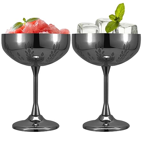 LELELINKY Martini-Glas Weizenohrmuster Edelstahl-Sektschale 280 ml, Stainless Steel Champagne Bowls, Rotweingläser, Sektgläser Metall Unzerbrechlich für Hochzeit Partys und Outdoor (Schwarz 2er set) von LELELINKY