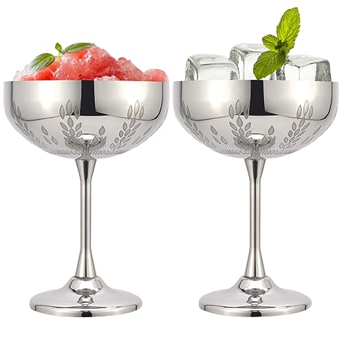 LELELINKY Martini-Glas Weizenohrmuster Edelstahl-Sektschale 280 ml, Stainless Steel Champagne Bowls, Rotweingläser, Sektgläser Metall Unzerbrechlich für Hochzeit Partys und Outdoor (Silber 2er set) von LELELINKY