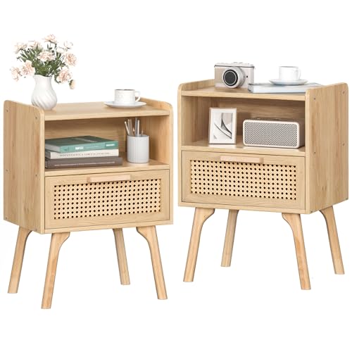 LELELINKY Nachttisch 2er Set Rattan Boho, Kleiner Beistelltisch Holz mit Schublade und Offenem Regal, Nachttische hat Tischbeine aus Massivholz für Wohnzimmer Sofatisch, Schlafzimmer Nachtkommode von LELELINKY