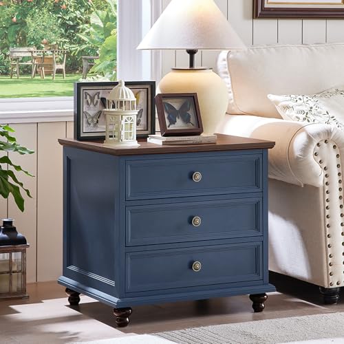 24" Breites Landhaus-Nachttisch, Großer Beistelltisch mit 3 Schubladen & Metallgriff, Holz-Kommode für Schlafzimmer, Blau nachtschrank-Schubladenkommode, nachttische für Wohnzimmer von LELELINKY