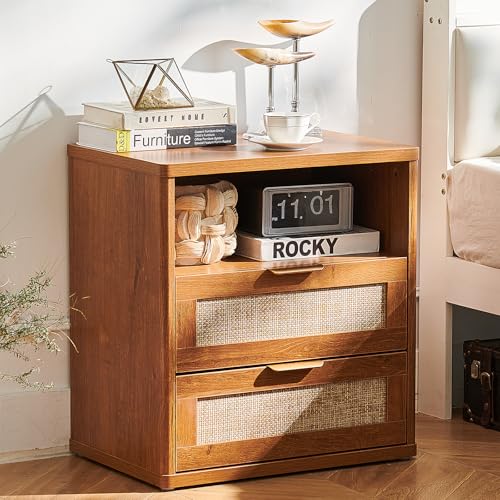 LELELINKY Nachttisch Rattan,Doppelte Schublade,Brown von LELELINKY