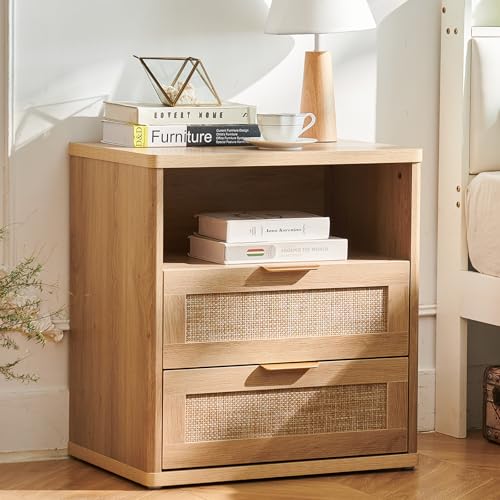LELELINKY Nachttisch Rattan,Doppelte Schublade,Wood LELELINKY Nachttisch Rattan,Doppelte Schublade,Wood von LELELINKY
