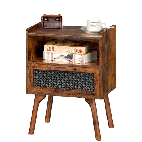 LELELINKY Nachttisch Rattan, Kleiner Beistelltisch Holz mit Schublade und Offenem Regal, Nachttische hat Tischbeine aus Massivholz für Wohnzimmer Sofatisch, Schlafzimmer Nachtkommode, Vintage Braun von LELELINKY