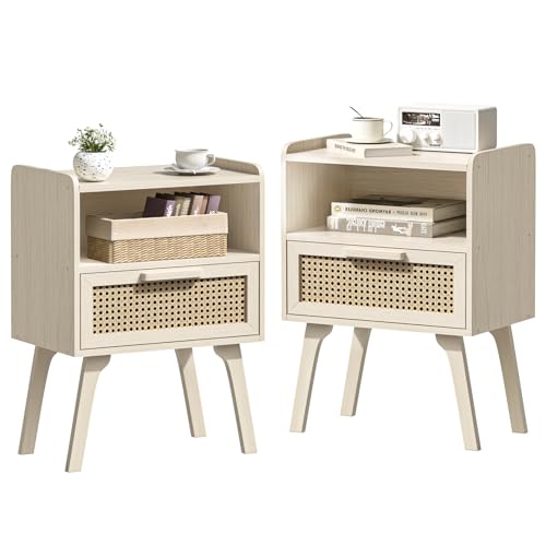 LELELINKY Nachttisch Modern Rattan 2er Set, Kleiner Beistelltisch Holz mit Schublade und Offenem Regal, Nachttische hat Tischbeine aus Massivholz für Wohnzimmer Sofatisch, Schlafzimmer Nachtkommode von LELELINKY
